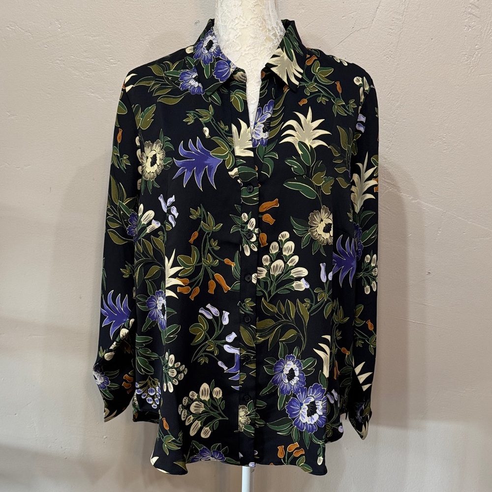 Women’s 1X Plus Button Up Blouse Black Floral Long Sleeve Collared Professional